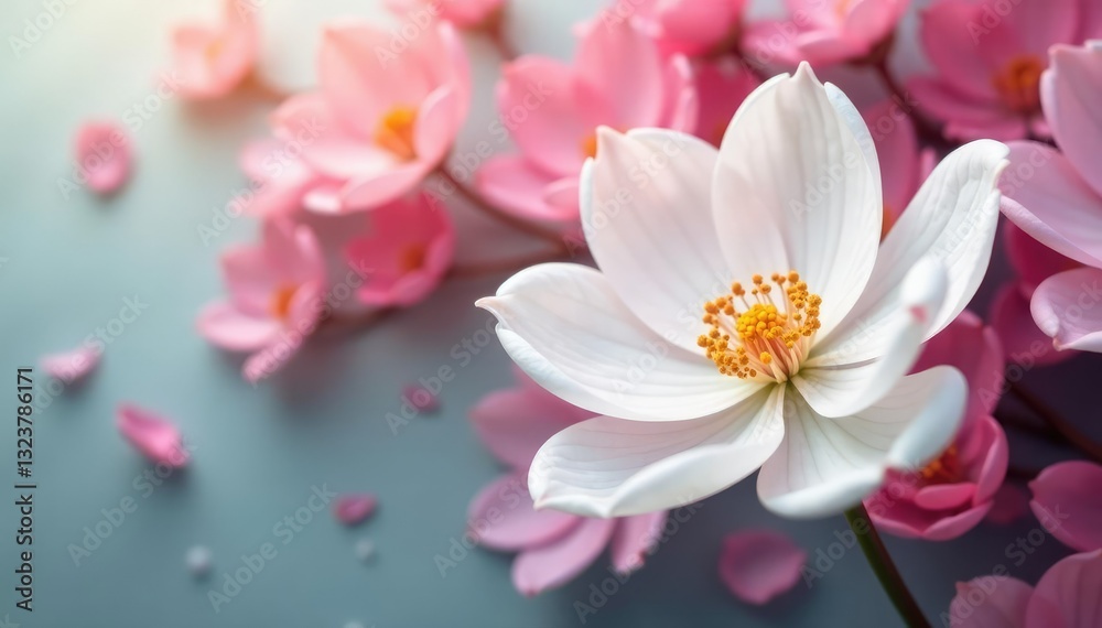 White flower gently unfurls against a backdrop of cascading soft pink petals, flowers, delicate, gentle