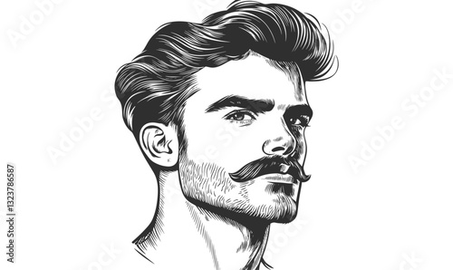 Stylish bearded man with mustache: flat linear icons set, vector.