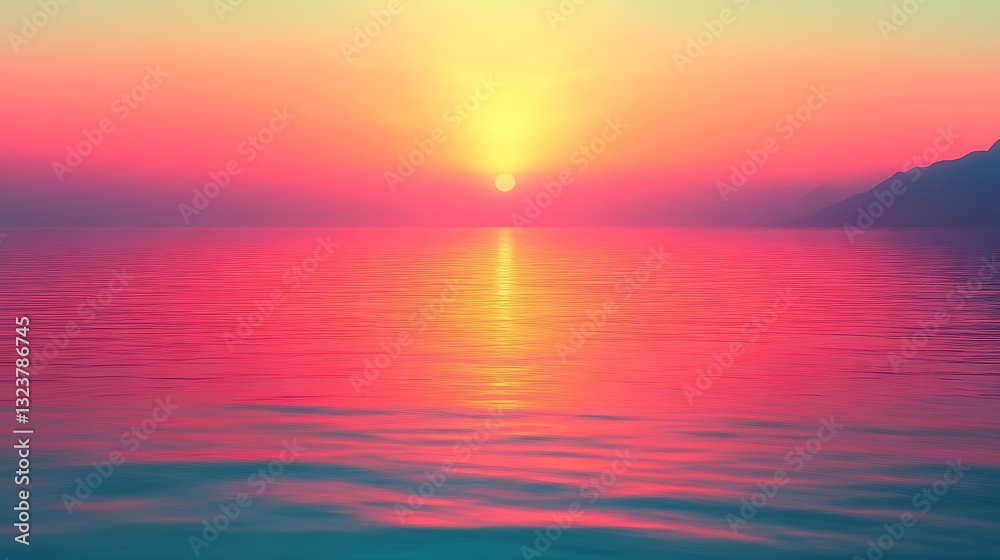 Fototapeta premium Vibrant Sunset Over Calm Ocean Waters And Distant Mountains