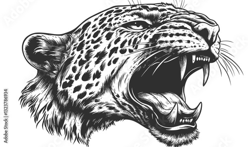 Fierce leopard head, roaring big cat vector, detailed animal art, linear icons set.