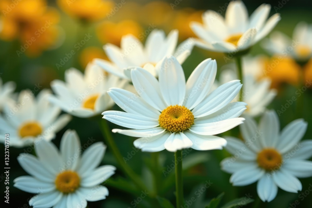 White petals with golden centers blooming in a flower bed, flower bed, garden bed White petals with golden centers blooming in a flower bed, flower bed, garden bed