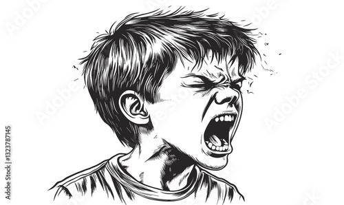 Screaming child profile in black and white, vector, linear icons set.
