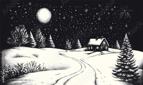 Peaceful snowy winter nightscape with cabin and stars, flat icons set vector.