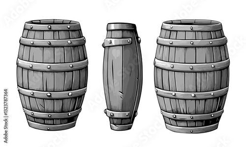 Wooden barrel collection with metal hoops, side and front views, vector, flat icons set.
