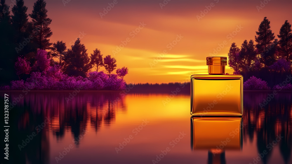 Perfume bottle reflecting on lake surface at sunset