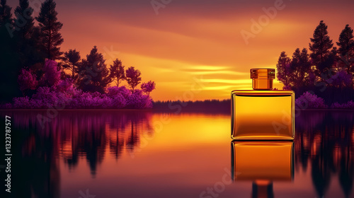 Obraz na płótnie Perfume bottle reflecting on lake surface at sunset w salonie