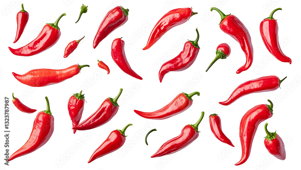 Red bell peppers in various poses isolated on white background PNG. AI GENERATED Red bell peppers in various poses isolated on white background PNG. AI GENERATED