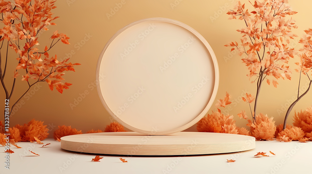 Wooden circular platform with hollow ring in autumn