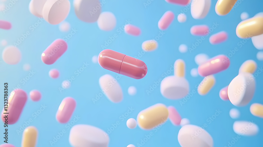 Floating pills with pink capsule in 3D render