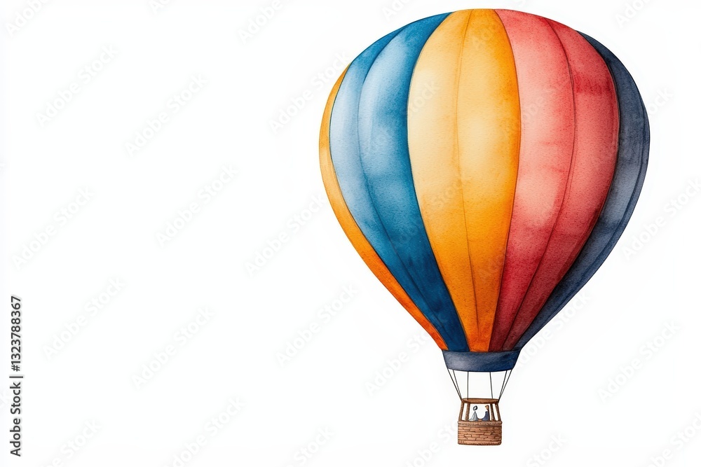 Obraz premium A vibrant watercolor painting of a classic hot air balloon in bright colors, perfect for travel and adventure themes.