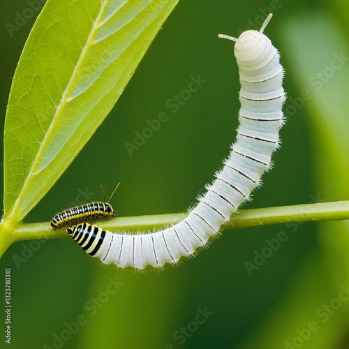 White Pioneer butterfly caterpillar and pupa (Belenois aurota)