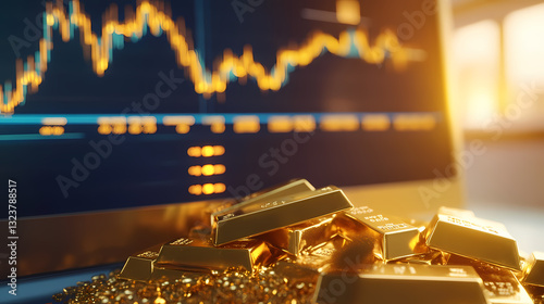 Obraz na płótnie Gold bars and coins in front of a stock chart w salonie