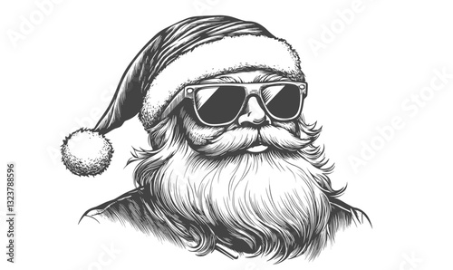 Cool santa claus with sunglasses in santa hat - linear icons set, vector.