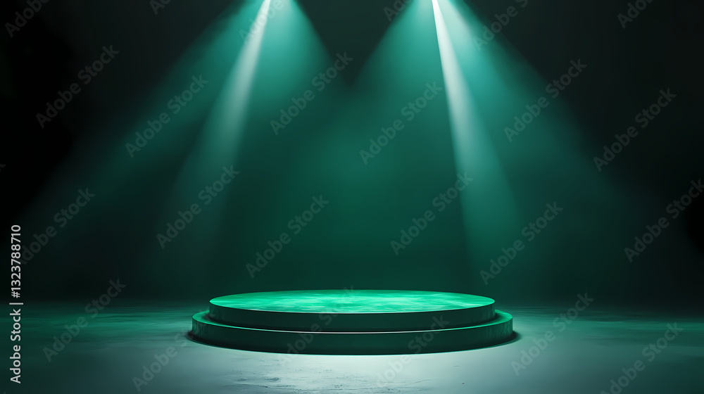 Green circular stage with glowing light beams
