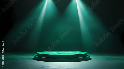 Obraz na płótnie Green circular stage with glowing light beams w salonie