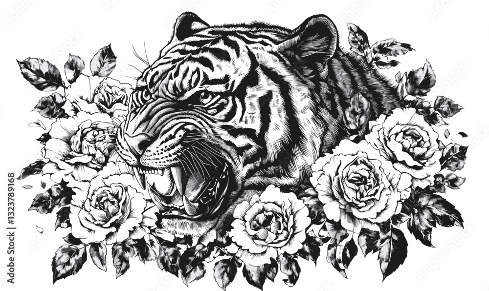 Obraz premium Roaring tiger with roses in monochrome style, linear icons set, vector.