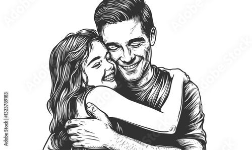 Happy couple embracing with joyful smiles – black and white vector, linear icons set.