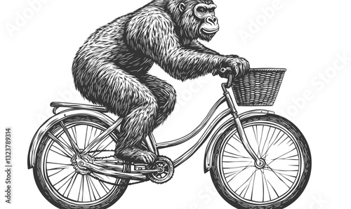 Gorilla riding bicycle vector - linear animal illustration icons set.