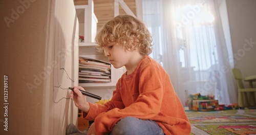 A Creative Child Drawing on a Wall in a Cozy Room that Radiates Joy and Exploration