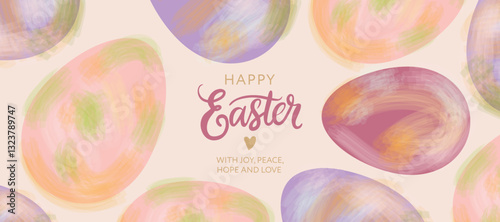 Happy Easter greeting banner, card or horizontal poster with a pattern of watercolor Easter eggs in pastel colors on a light background. Design for Easter packaging, ads and print, vector illustration