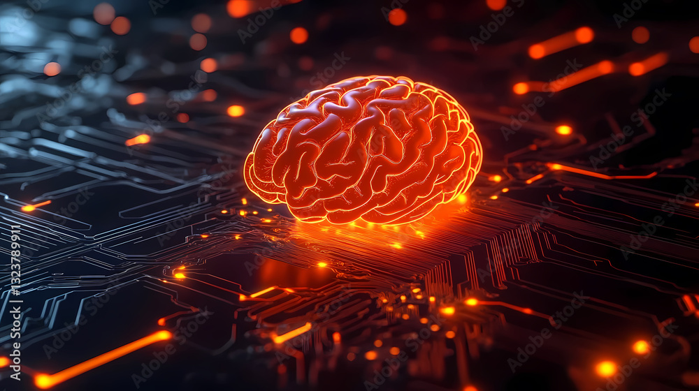 Glowing orange brain model on a circuit board
