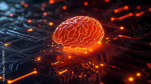 Obraz na płótnie Glowing orange brain model on a circuit board w salonie