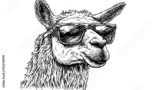 Cool llama with sunglasses vector in linear style, icons set.