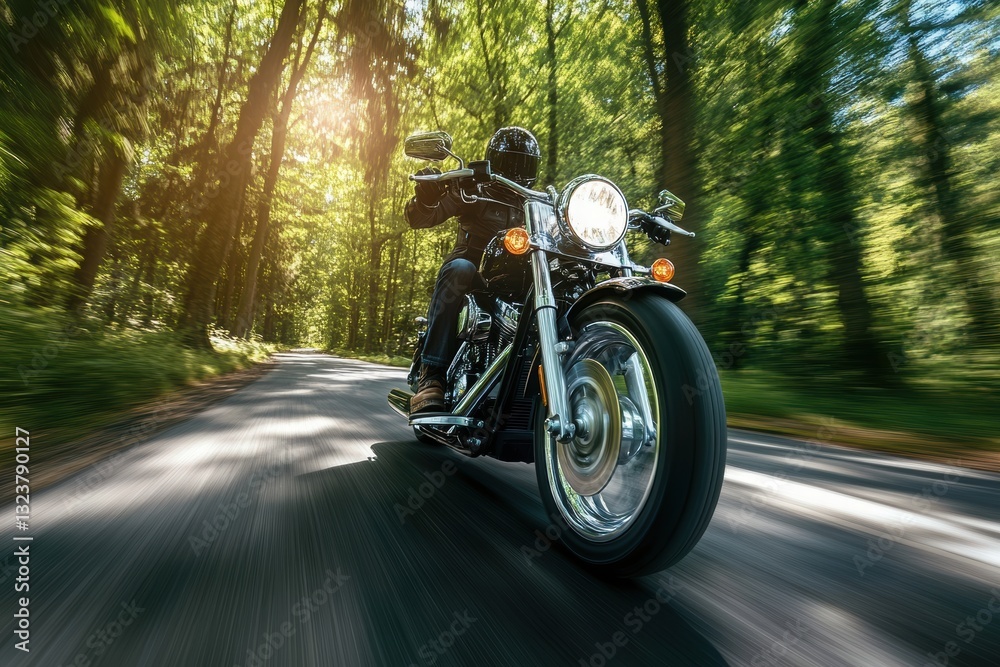 Fototapeta premium The Ride Through the Forest: A person riding a motorcycle speeds along a sun-dappled forest road, embracing the freedom of the open road.