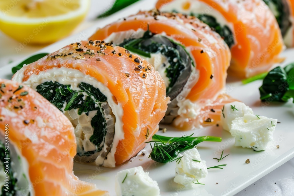 Gourmet salmon roll on slate serving board. AI generated Gourmet salmon roll on slate serving board. AI generated