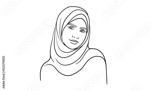 Young muslim woman in burqa, continuous line art drawing. Emirati Women's Day. Woman in a hijab. Vector illustration isolated on white background