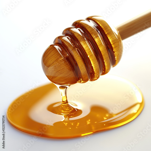 Wooden Honey Dipper Dripping Golden Honey Isolated on White Background,honey dripping from wooden spoon,Wooden Honey Dipper Dripping Golden Honey Close-Up on White Background,Honey dripping,Ai