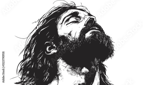 Serene bearded man looking up, monochrome vector, linear style, icons set.