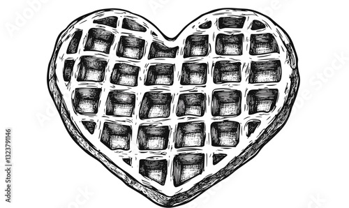 Heart-shaped waffle drawn with intricate details, flat icons set, linear vector.