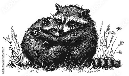 Cute raccoon family in nature with decorative grass, black and white linear icons set, vector.