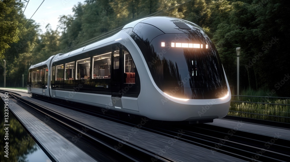 Fototapeta premium Modern Train in Motion: A sleek, modern train speeds along tracks, traversing a verdant landscape, embodying the essence of transport and travel.