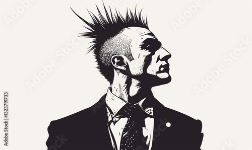 Punk rock businessman silhouette in suit and mohawk, flat icons set vector.