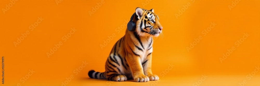 Obraz premium Fluffy tiger sitting quietly with headphones on orange background, tiger, peaceful