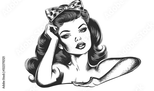 Retro glamorous woman portrait with bow, monochrome vector, flat icons set.