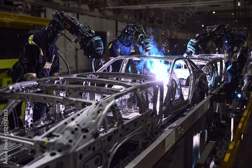 Robots weld car frames on a conveyor photo