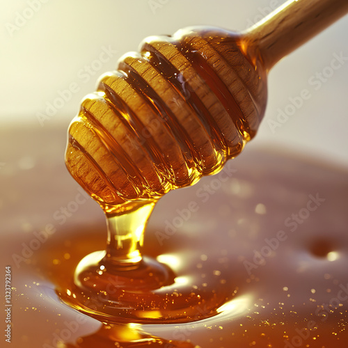 Wooden Honey Dipper Dripping Golden Honey Isolated on White Background,honey dripping from wooden spoon,Wooden Honey Dipper Dripping Golden Honey Close-Up on White Background,Honey dripping,Ai