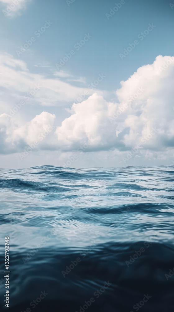 Fototapeta premium Infinite Blue: Capturing the vastness of the sea beneath a sky filled with puffy clouds. Witness the natural beauty of a boundless ocean, a horizon line stretching out to infinity.