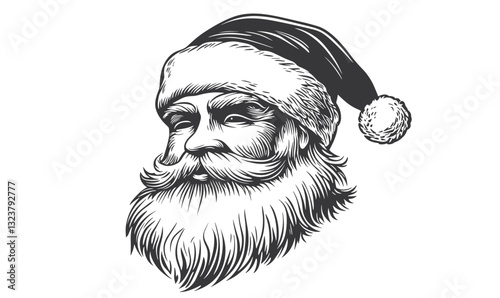 Santa claus head in christmas hat, beard and mustache, black and white icons set, linear vector.