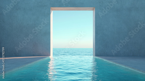 serene water curtain flows through square opening, revealing tranquil ocean view. minimalist design and soft colors evoke sense of calm and peace