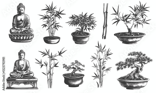 Buddha statues and bonsai plants with bamboo, flat linear icons set.