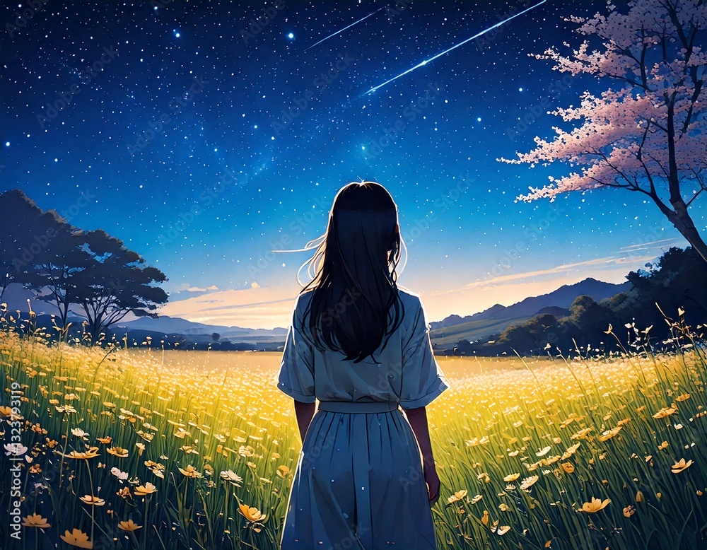 Fototapeta premium 空を見る少女のシルエット 後ろ姿 自然 夜
