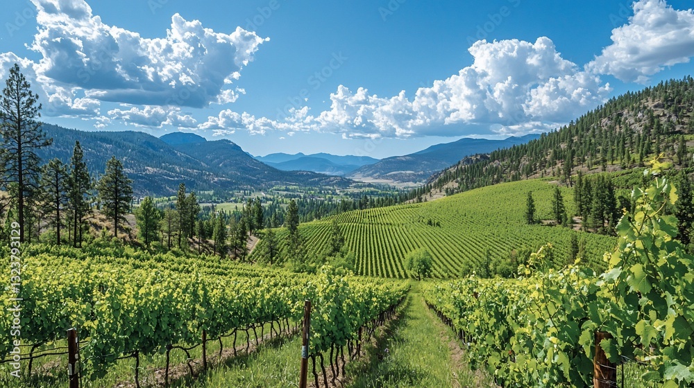Fototapeta premium Scenic vineyard landscape with lush green rows, mountains in the background, and blue skies