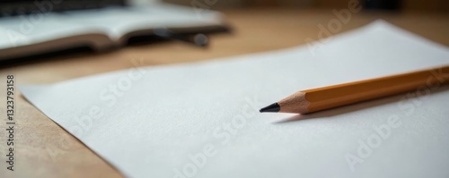 Simple wooden pencil on a desk with an open book and paper, learning, back to school
