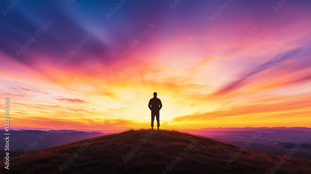 A solitary soldier stands at attention against a vivid sunset A solitary soldier stands at attention against a vivid sunset