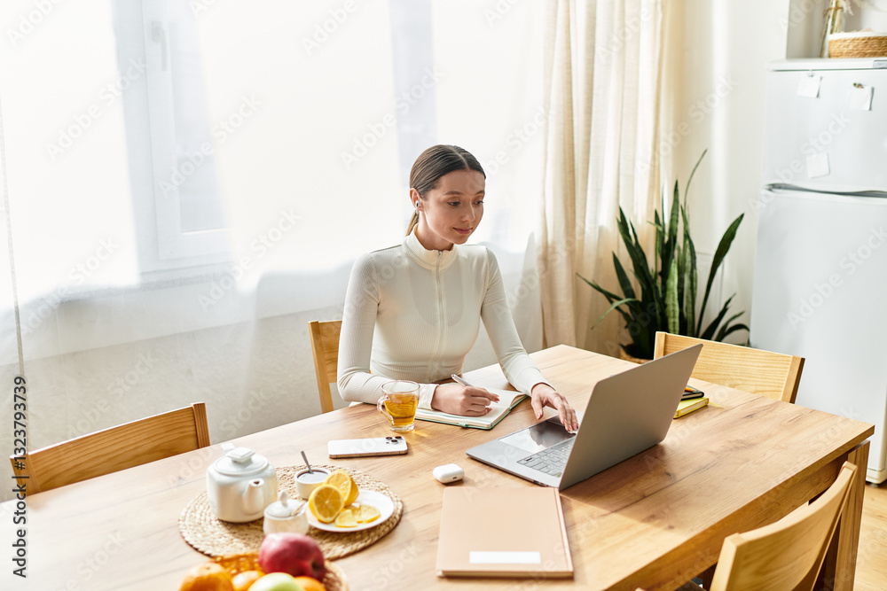 Young woman enjoying a productive work session from her cozy kitchen space Young woman enjoying a productive work session from her cozy kitchen space