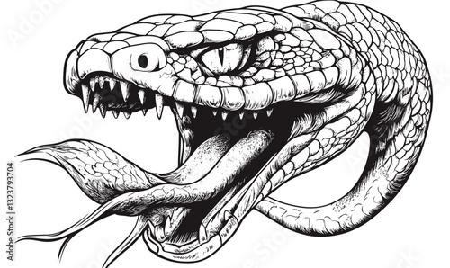 Fierce snake head in monochrome with detailed scales and fangs, linear icons set, vector..